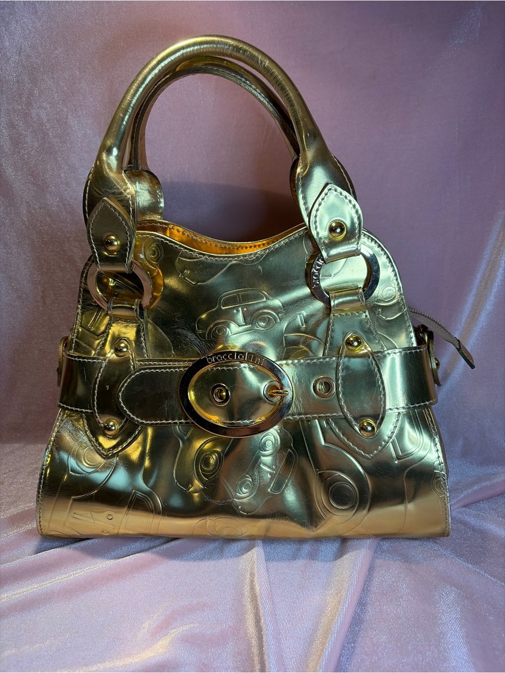 RARE Braccialini Gold Metallic Leather Auto Print Satchel | Collectible 🇮🇹